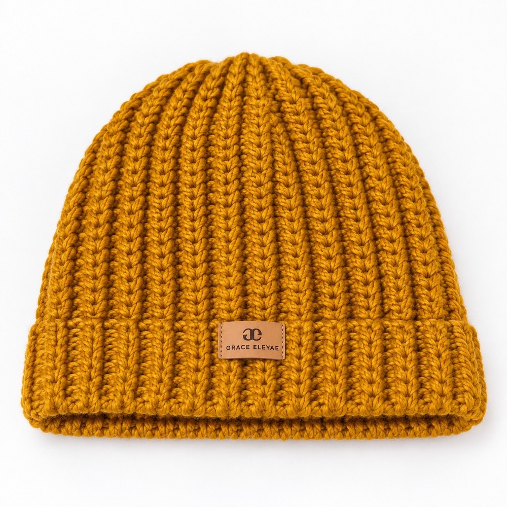 Grace Eleyae Satin Lined Beanie Mustard Yellow Chunky Knit Slap Hat One Size